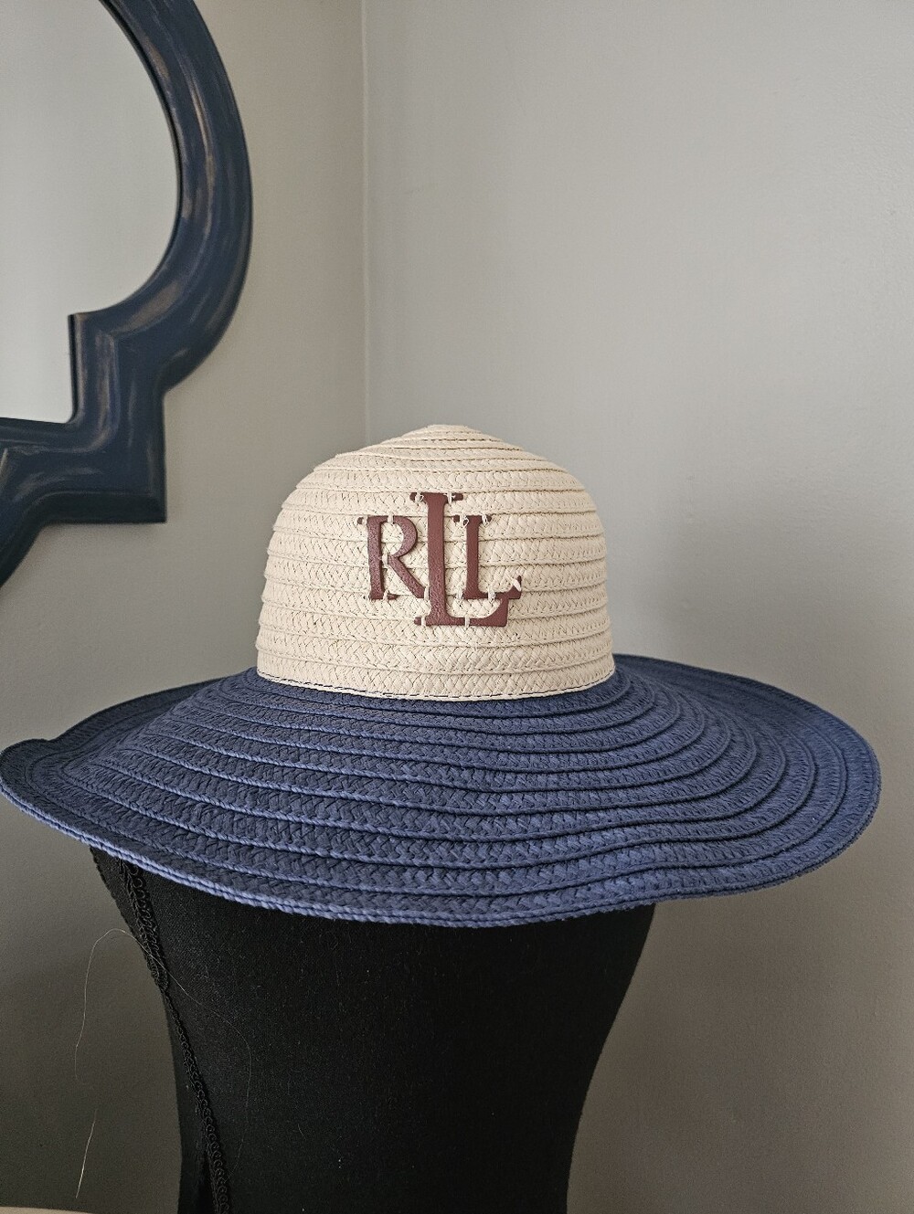 Lauren Ralph Lauren Two-Tone Wide Brim Straw Hat in Navy & Cream with RLL Logo